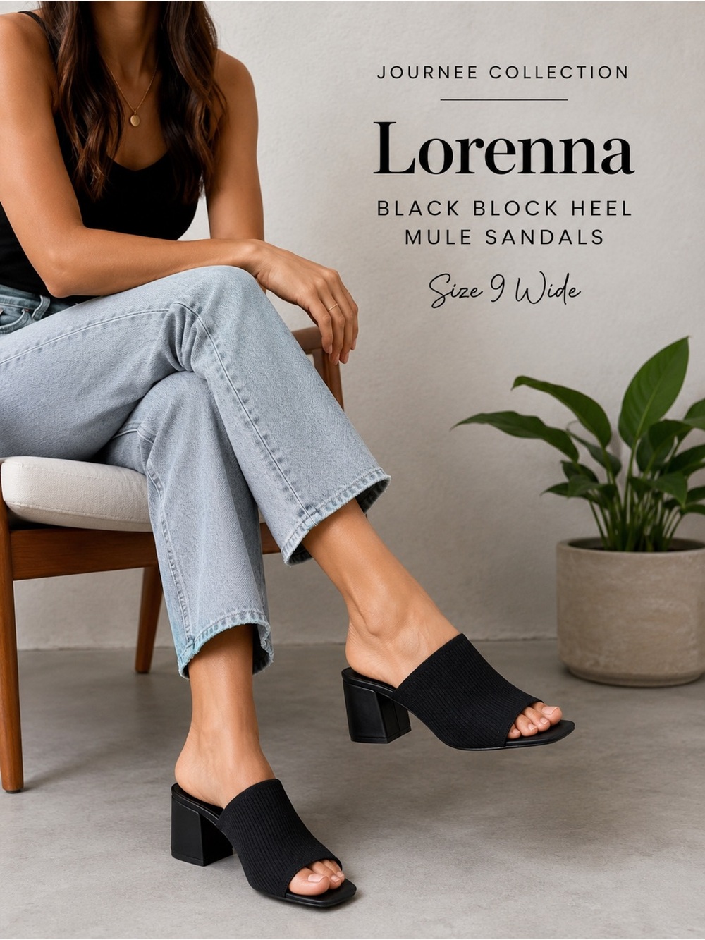 Journee Collection Lorenna Black Block Heel Mule Sandals | Size 9 Wide
